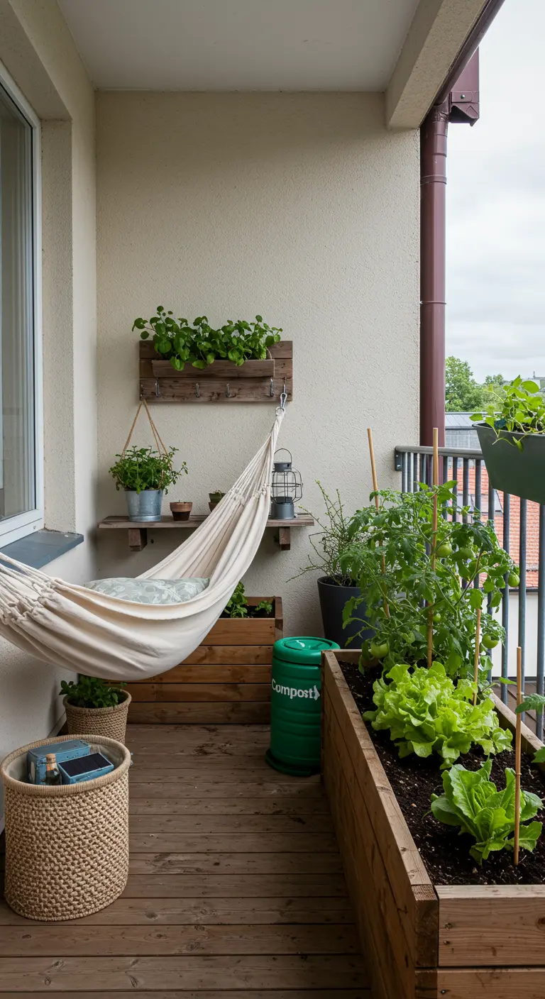 Balcón convertido en huerto urbano con jardineras de madera para lechugas y tomates, y una hamaca de red