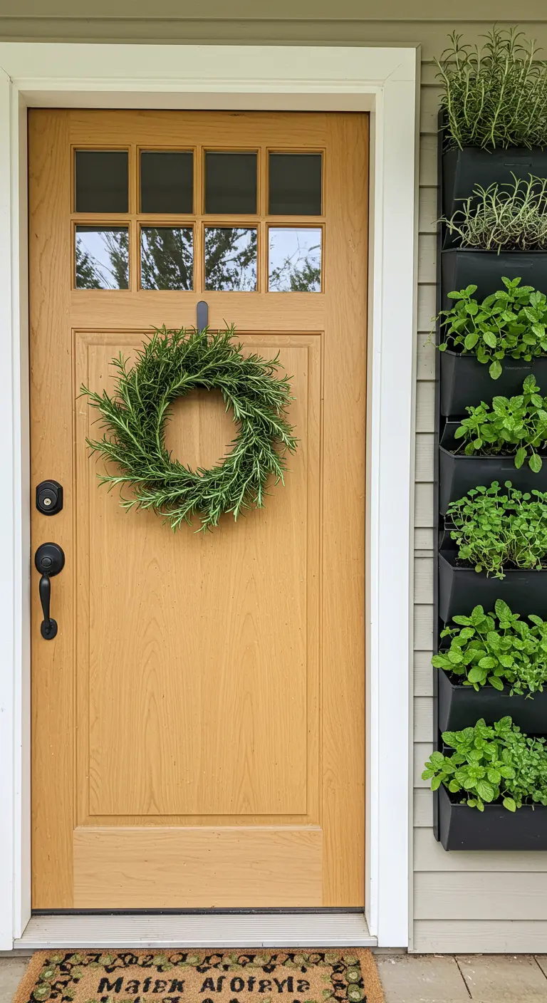 Puerta de madera con corona de romero junto a un jardín vertical de pared con hierbas aromáticas