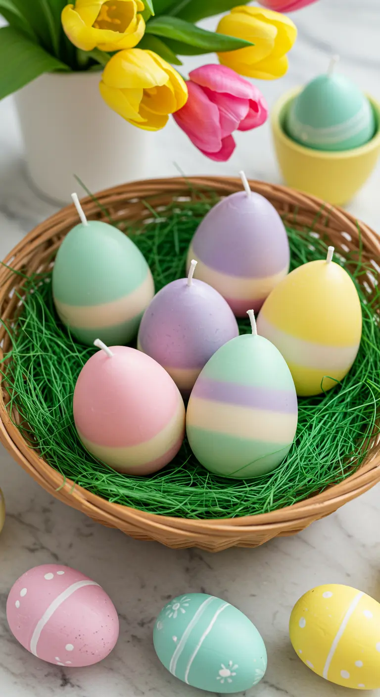 Velas en forma de huevo con capas de colores pastel en una cesta con hierba verde.