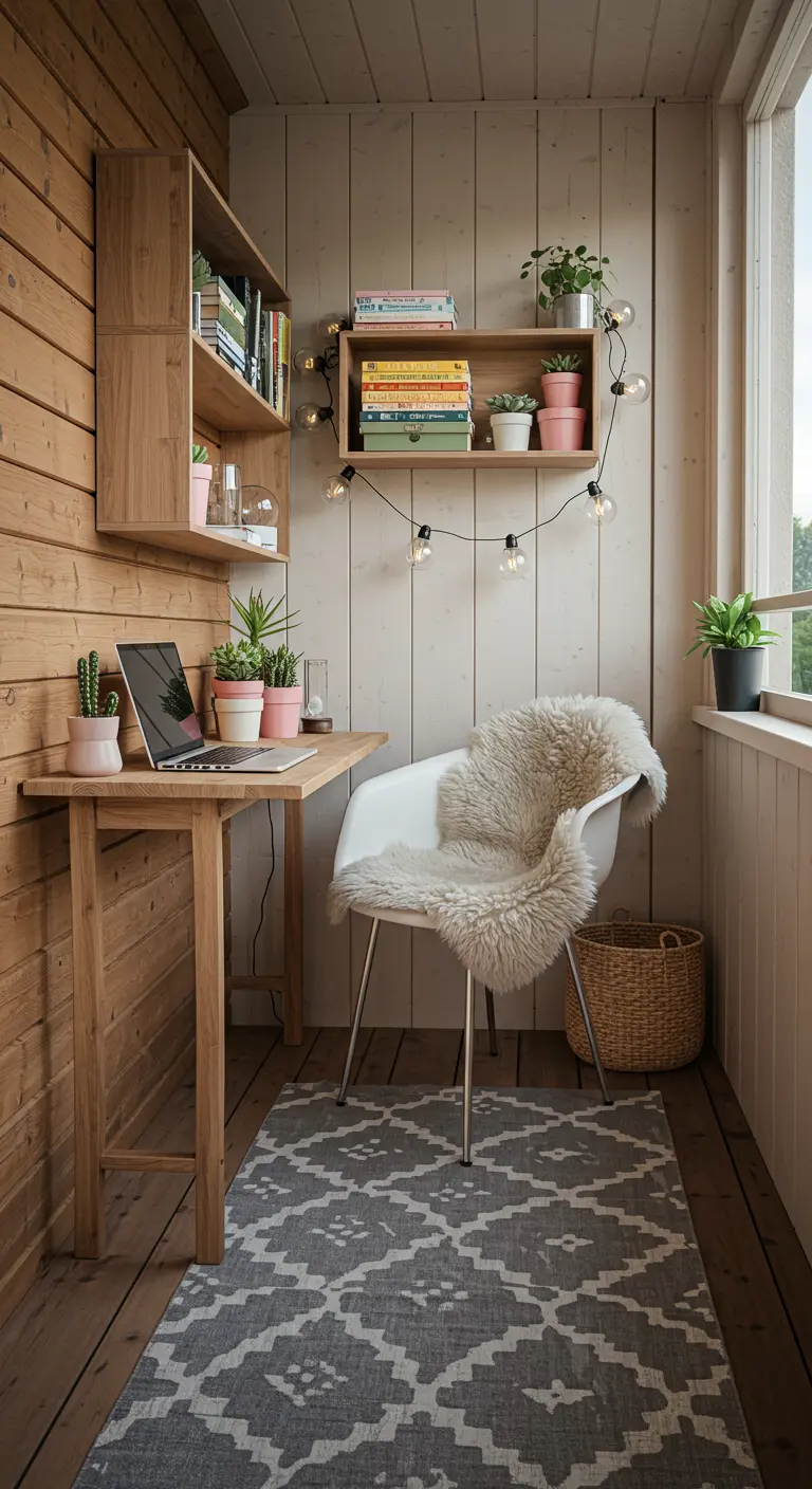 Rincón de trabajo escandinavo en un balcón de madera con luces y silla con piel de oveja