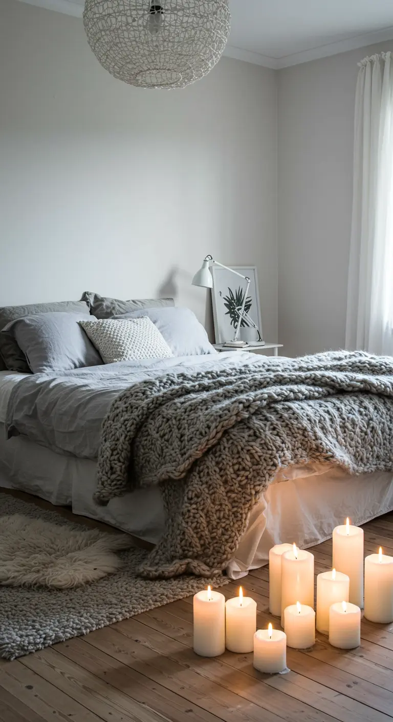 Dormitorio escandinavo en tonos grises con mantas de punto y un grupo de velas encendidas.
