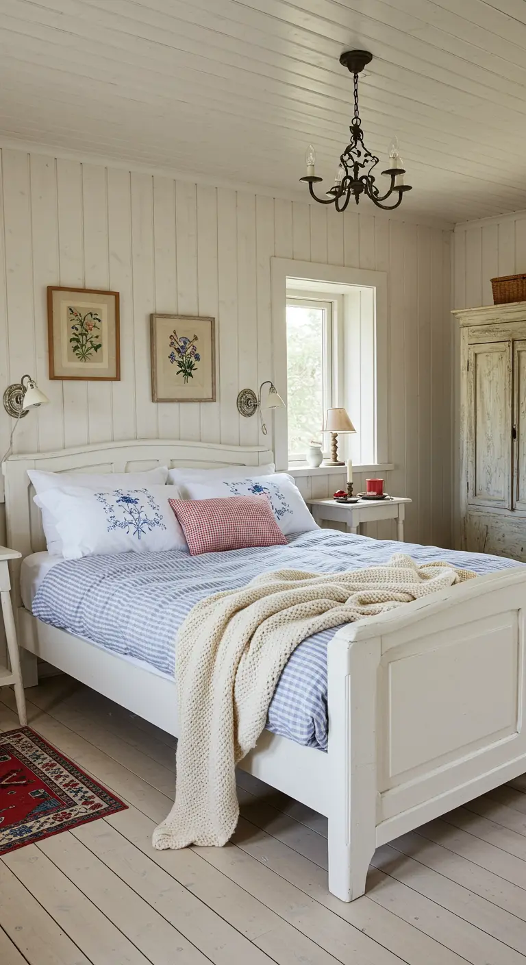 Dormitorio escandinavo con cama blanca, ropa de cama de cuadros y cojines bordados.