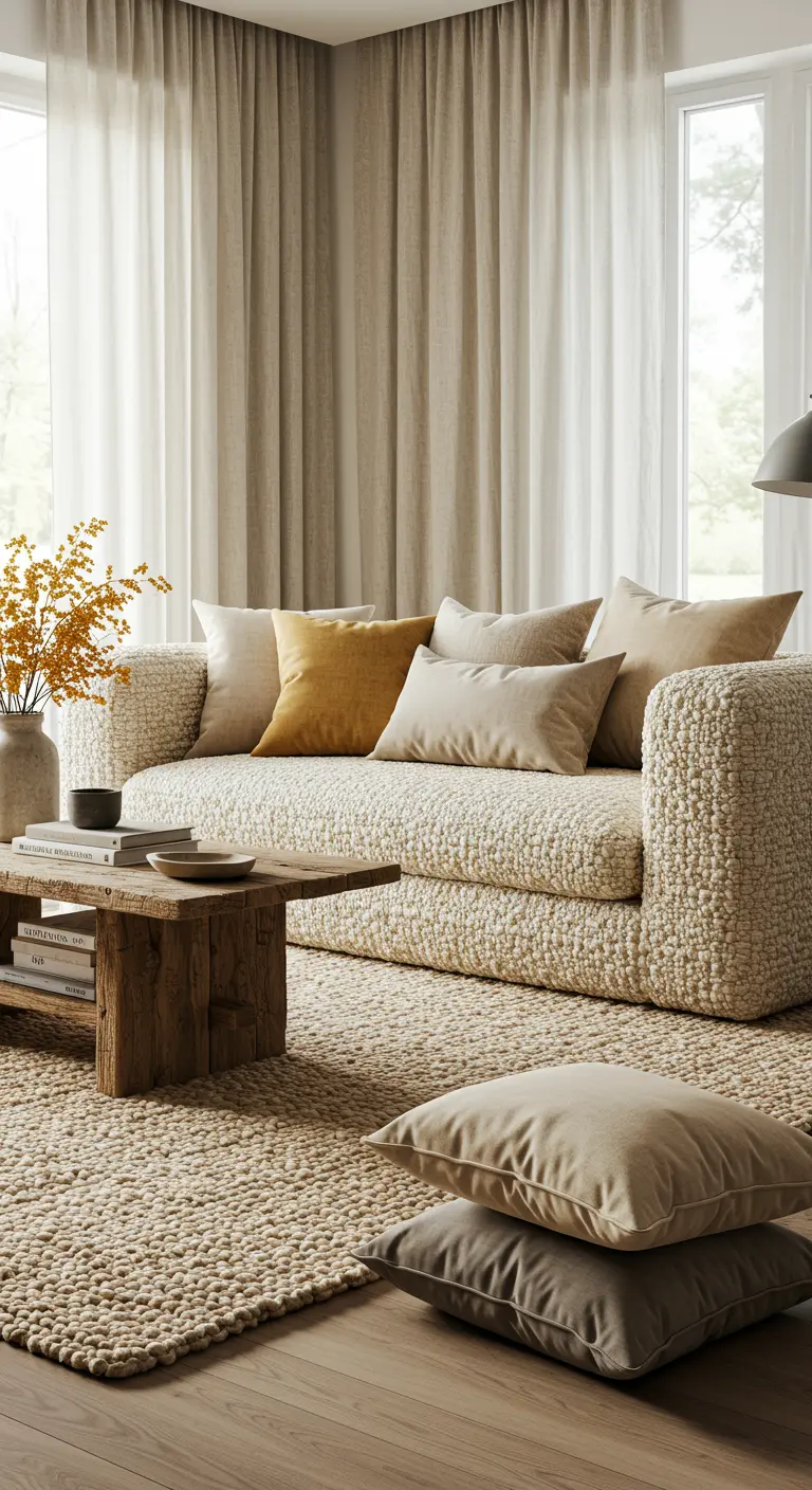 Sala de estar escandinava con sofá de boucle, alfombra de yute y mesa de madera rústica.