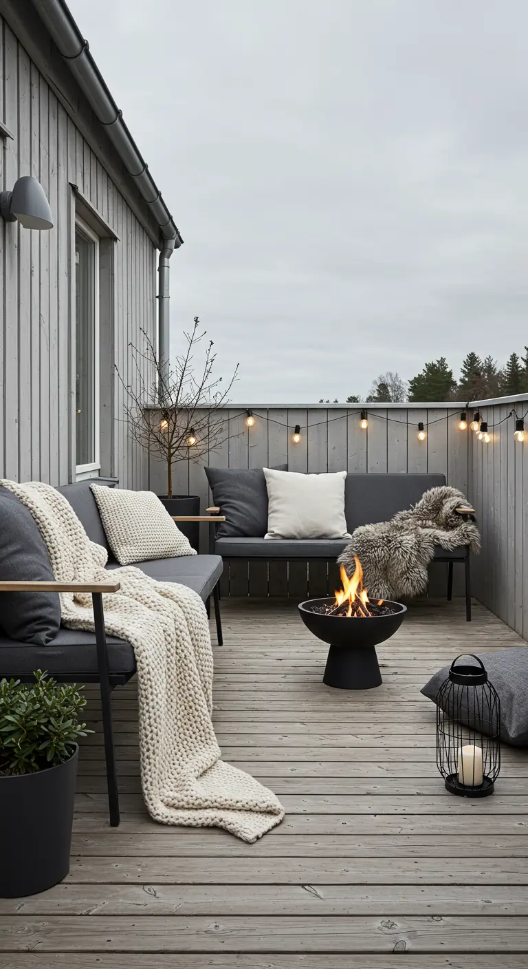 Terraza de estilo escandinavo con un brasero, sofás grises y mantas de punto grueso.