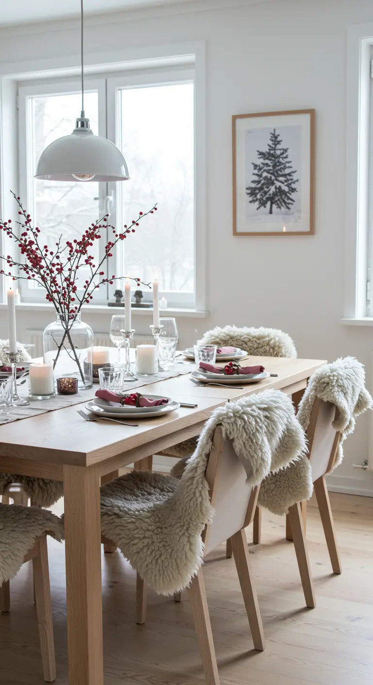 Comedor de estilo escandinavo con pieles de oveja en las sillas y bayas rojas.