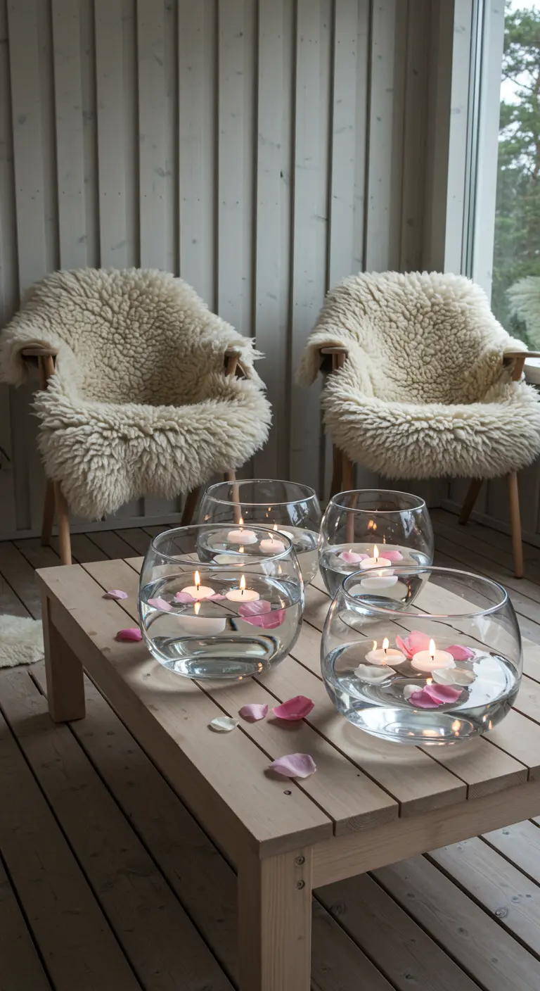 Porche de estilo nórdico con cuencos de cristal con agua, velas flotantes y pétalos.