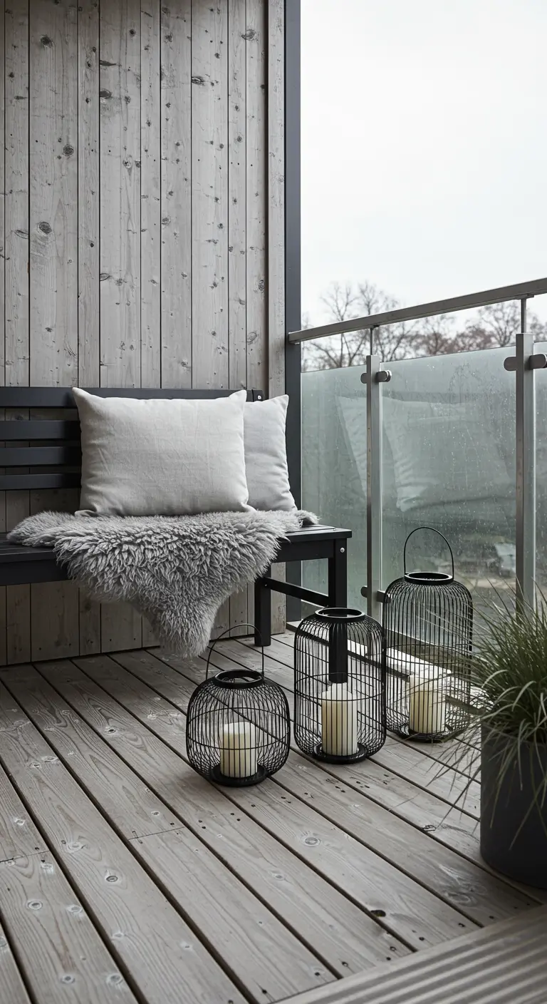 Balcón con suelo y pared de madera gris, un banco oscuro con una piel de oveja y farolillos
