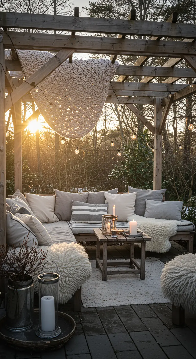 Pérgola de madera en invierno, con sofás cubiertos de mantas de punto grueso y pieles, y muchas velas.