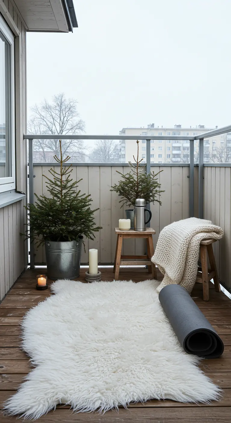 Balcón de invierno con alfombra de piel sintética, pequeños abetos y velas.