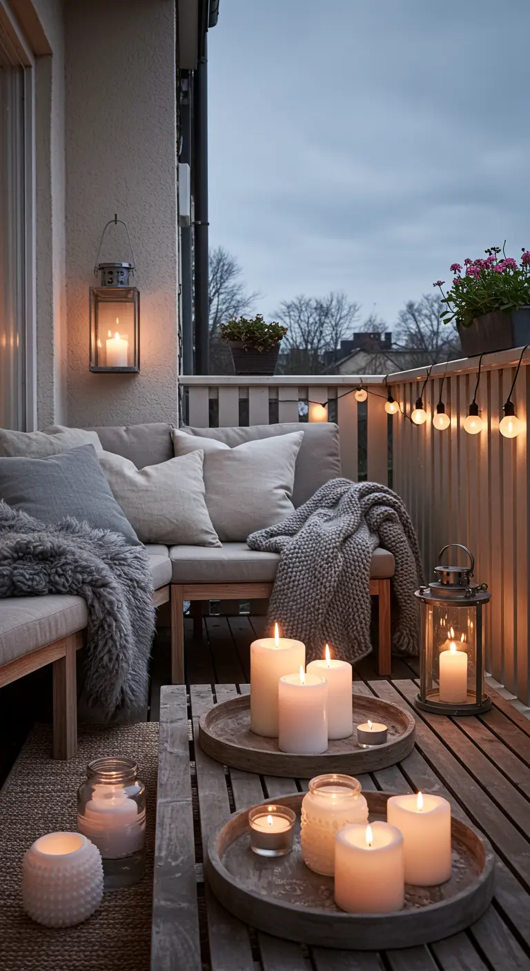 Balcón de estilo nórdico con sofá gris, mantas de lana, y muchas velas gruesas encendidas.