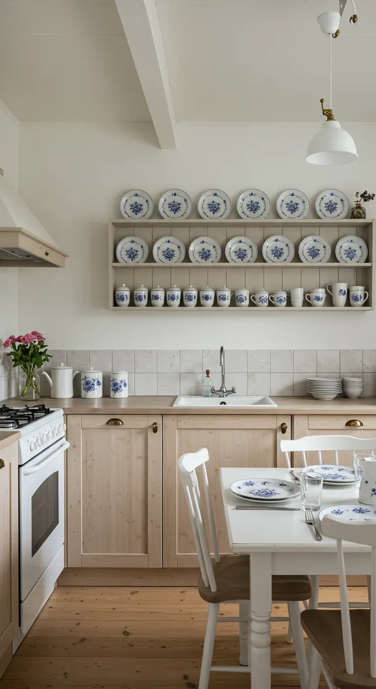 Cocina escandinava con muebles de madera clara y un estante con vajilla azul y blanca.