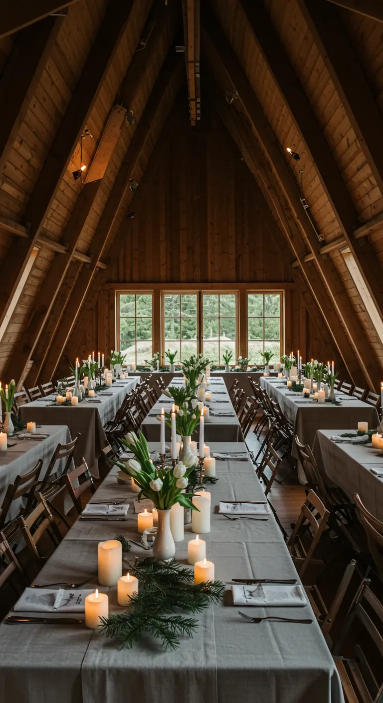 Recepción de boda en una cabaña de madera con decoración escandinava minimalista y velas.