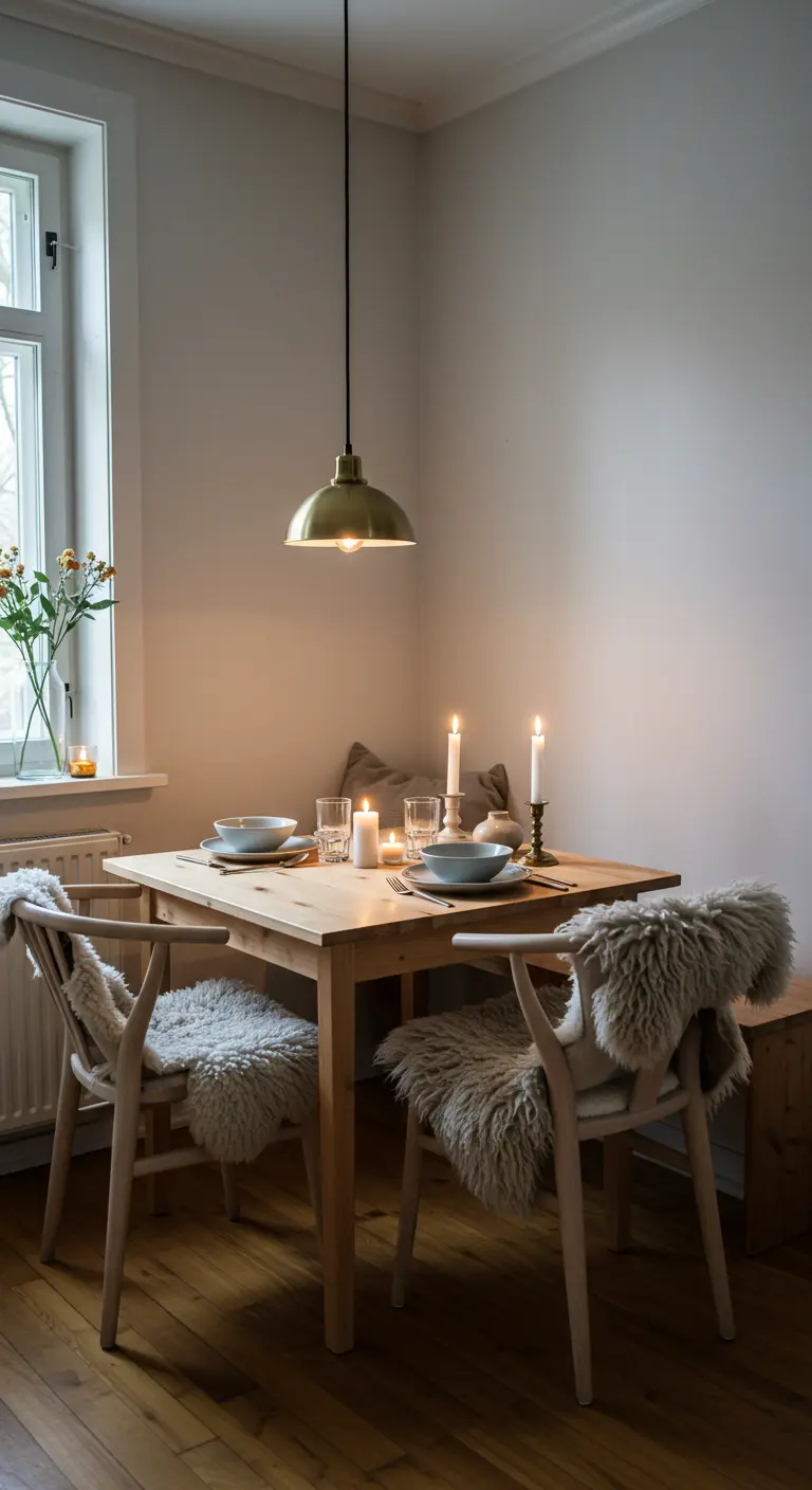 Rincón de comedor escandinavo con mesa de madera, sillas con piel de oveja y una lámpara colgante.