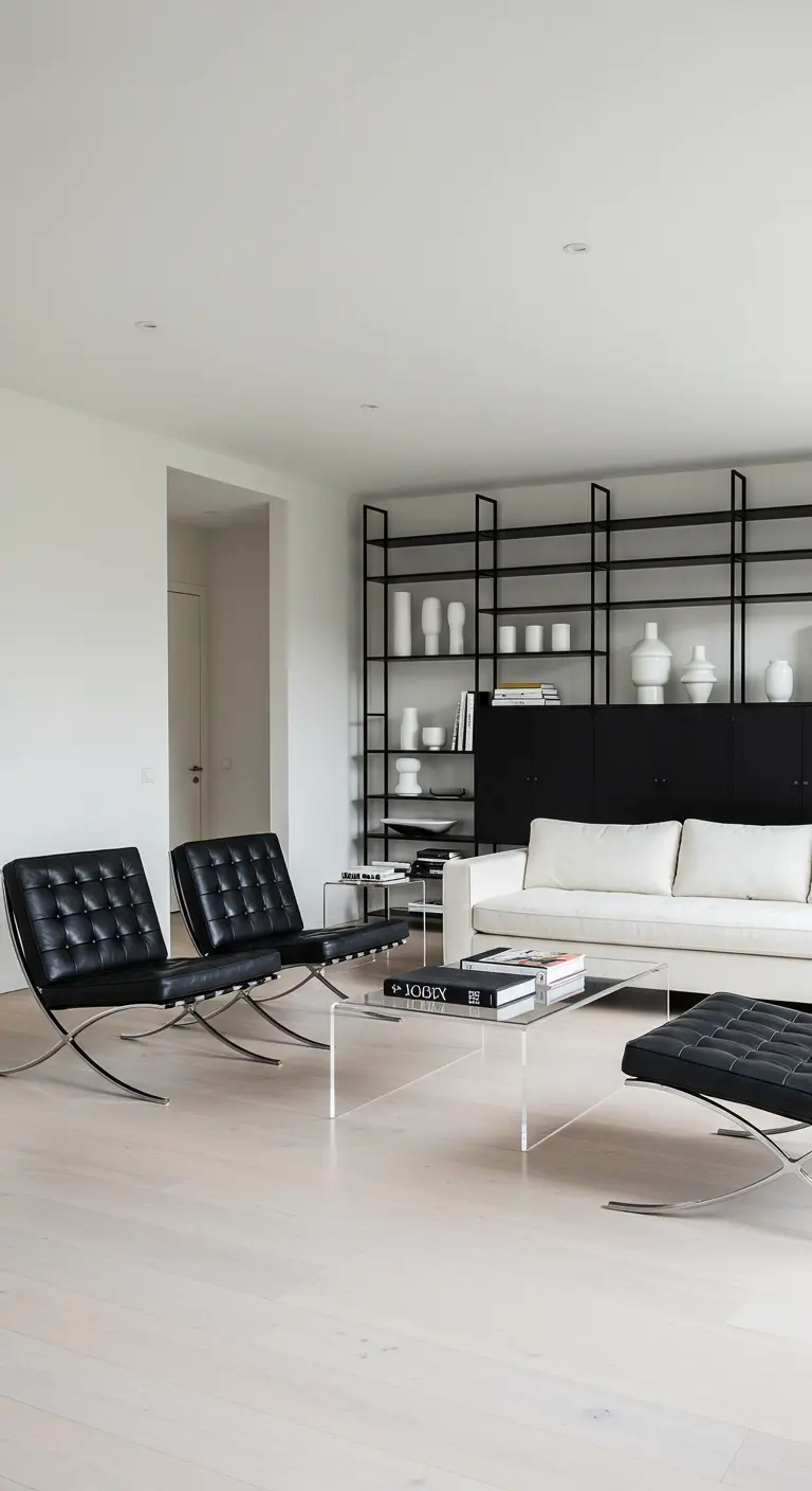 Sala de estar con icónicas sillas Barcelona de cuero negro y una estantería metálica.