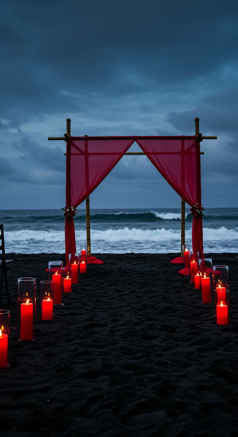 Ceremonia de boda en una playa de arena negra con velas rojas y un arco de bambú.