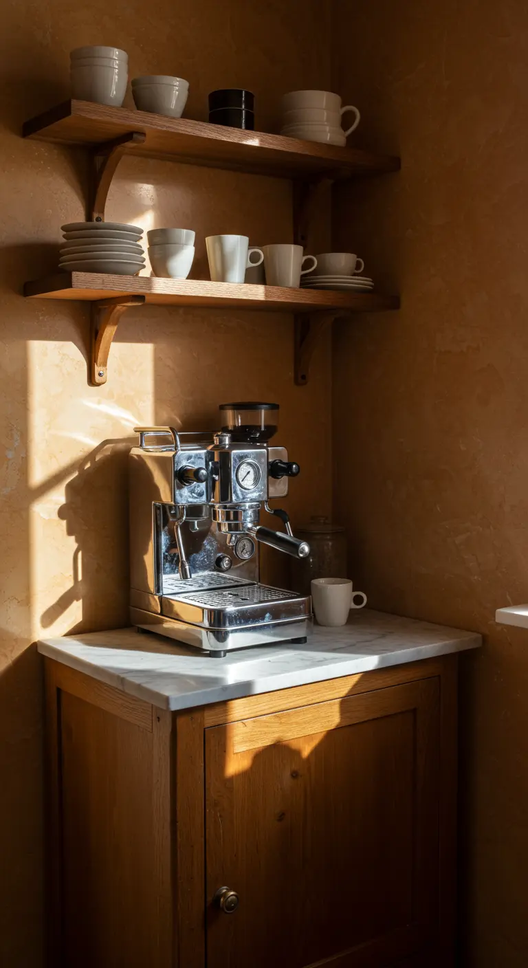Rincón de café con una máquina de espresso de acero, estantes de madera y tazas.