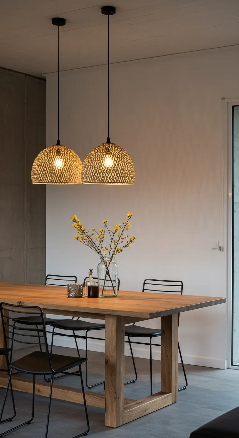 Comedor con mesa de madera y dos lámparas colgantes de mimbre de estilo tribal.
