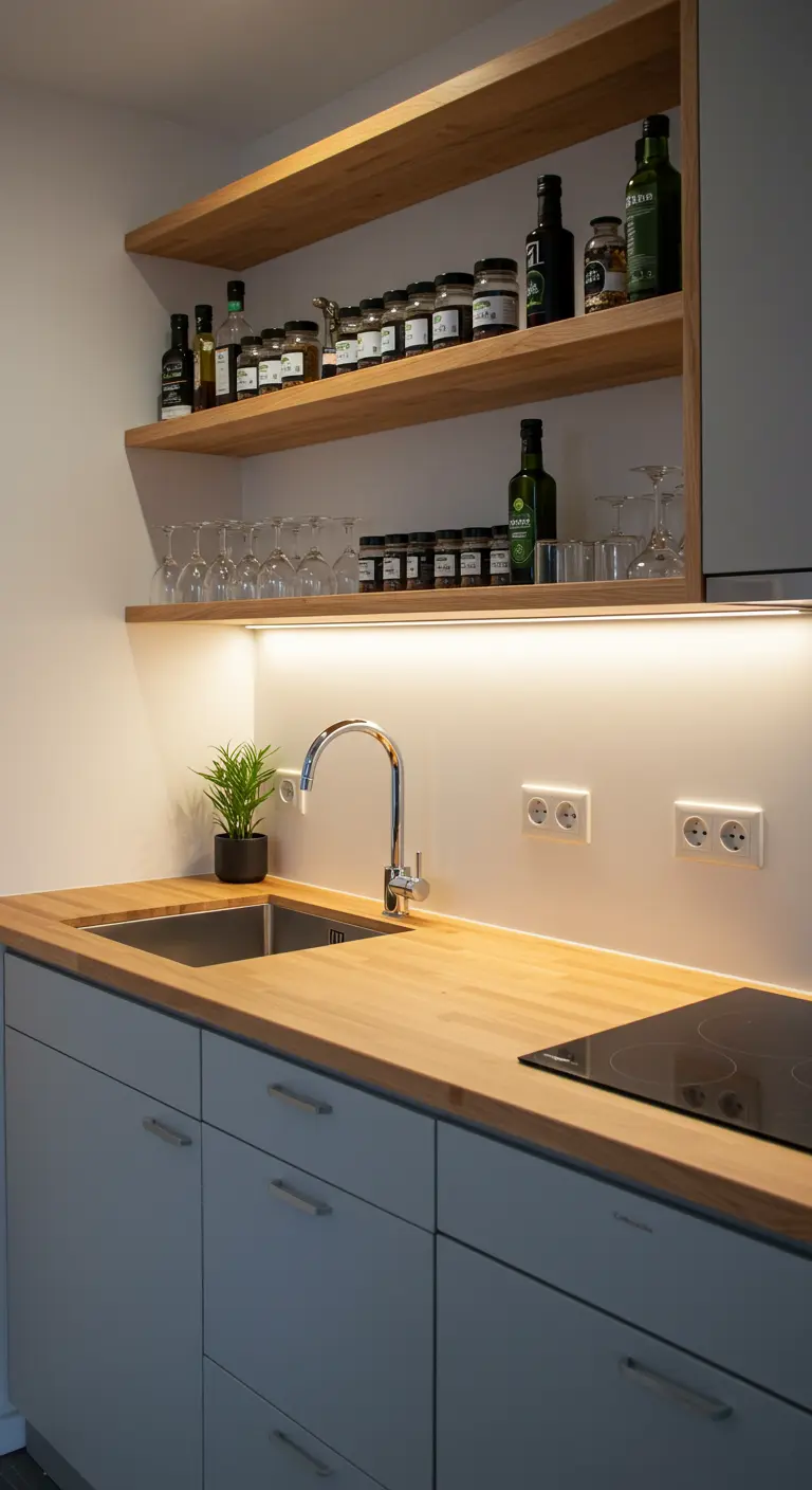 Estanterías de madera iluminadas con tiras de LED bajo la balda inferior, sobre una encimera de cocina.