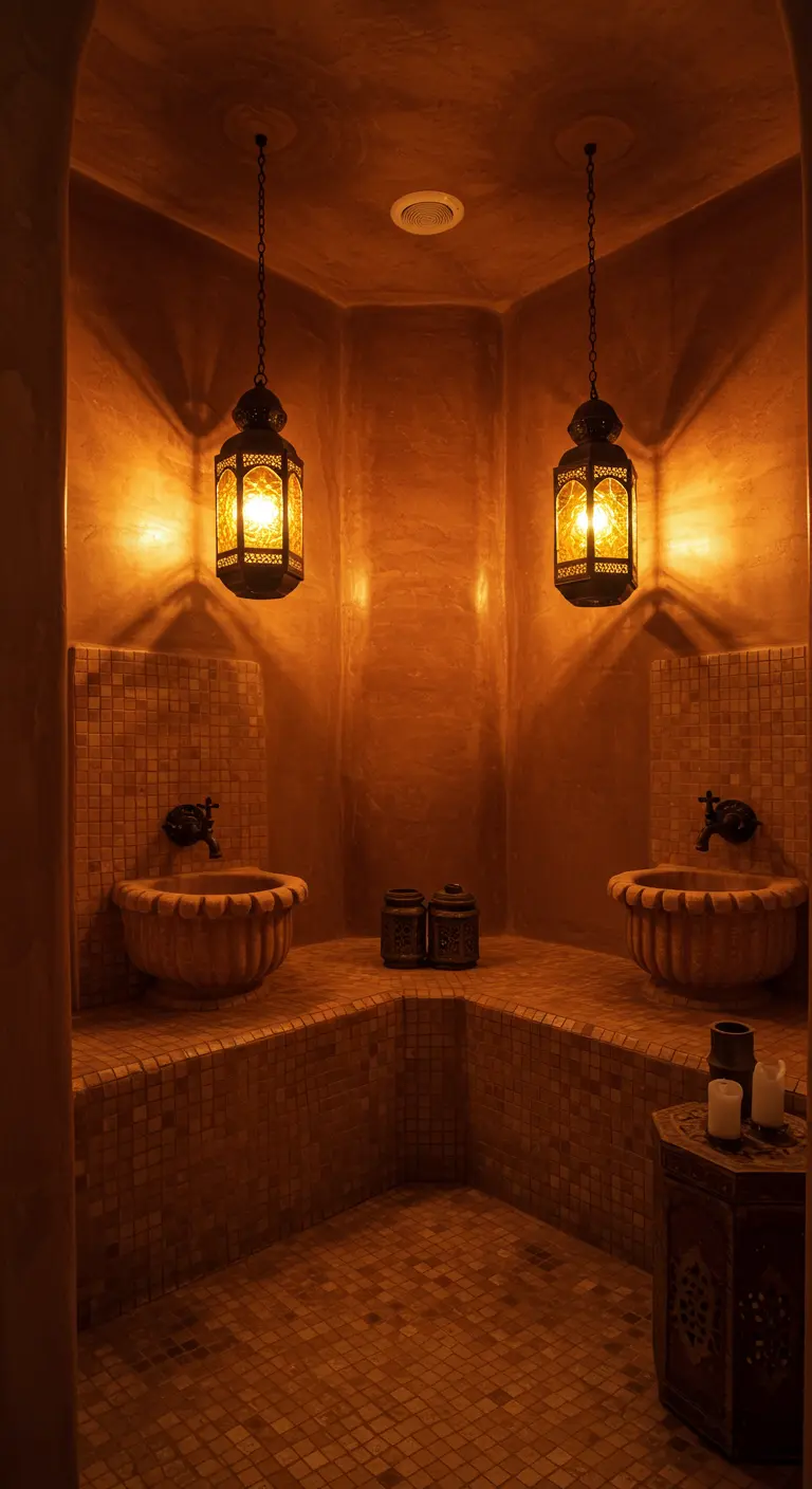 Baño de estilo marroquí con paredes terracota, mosaicos y faroles que emiten luz cálida