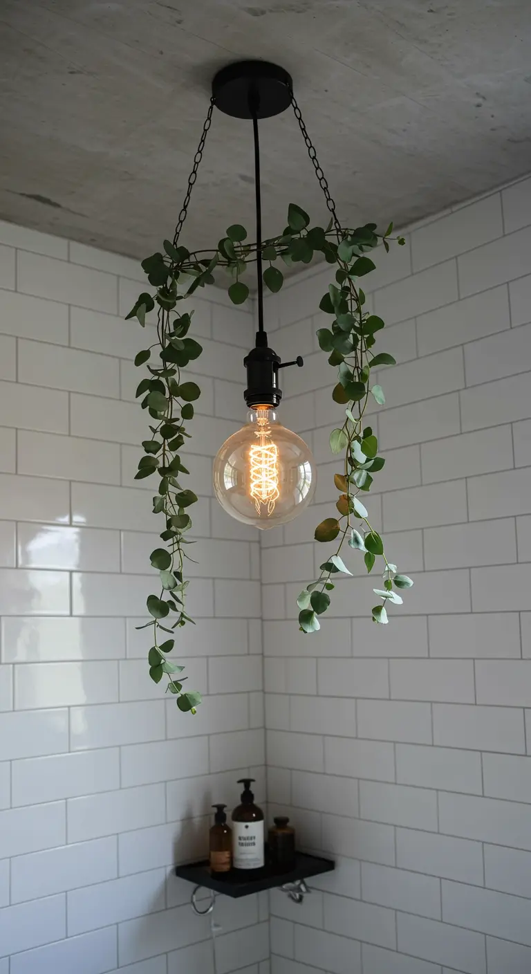 Lámpara colgante industrial con una enredadera de eucalipto alrededor de la cadena.