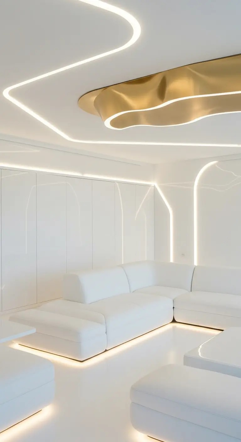 Sala de estar futurista con sofás blancos modulares, iluminación LED integrada y una escultura dorada en el techo