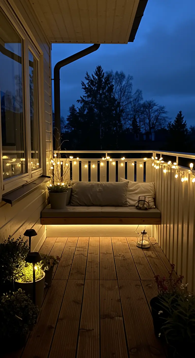 Balcón nocturno con un banco de madera iluminado por debajo con una tira de luz LED cálida.