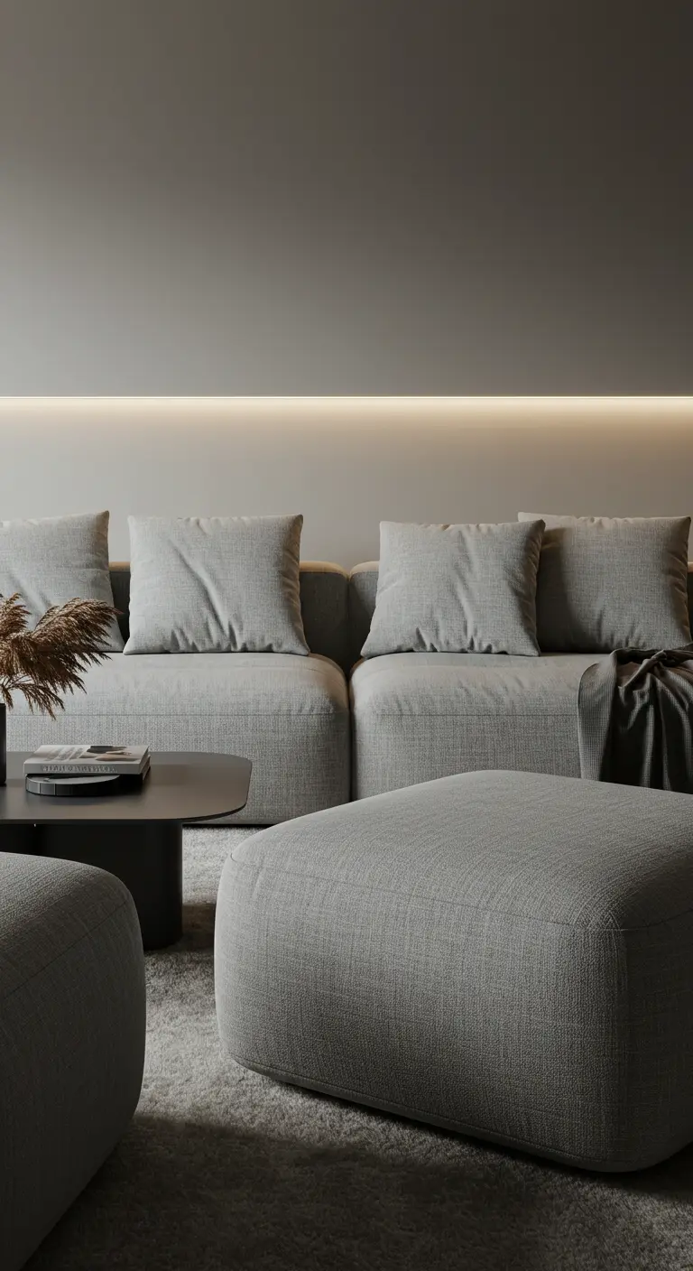 Sofá modular gris iluminado por una luz LED cálida e indirecta en la pared
