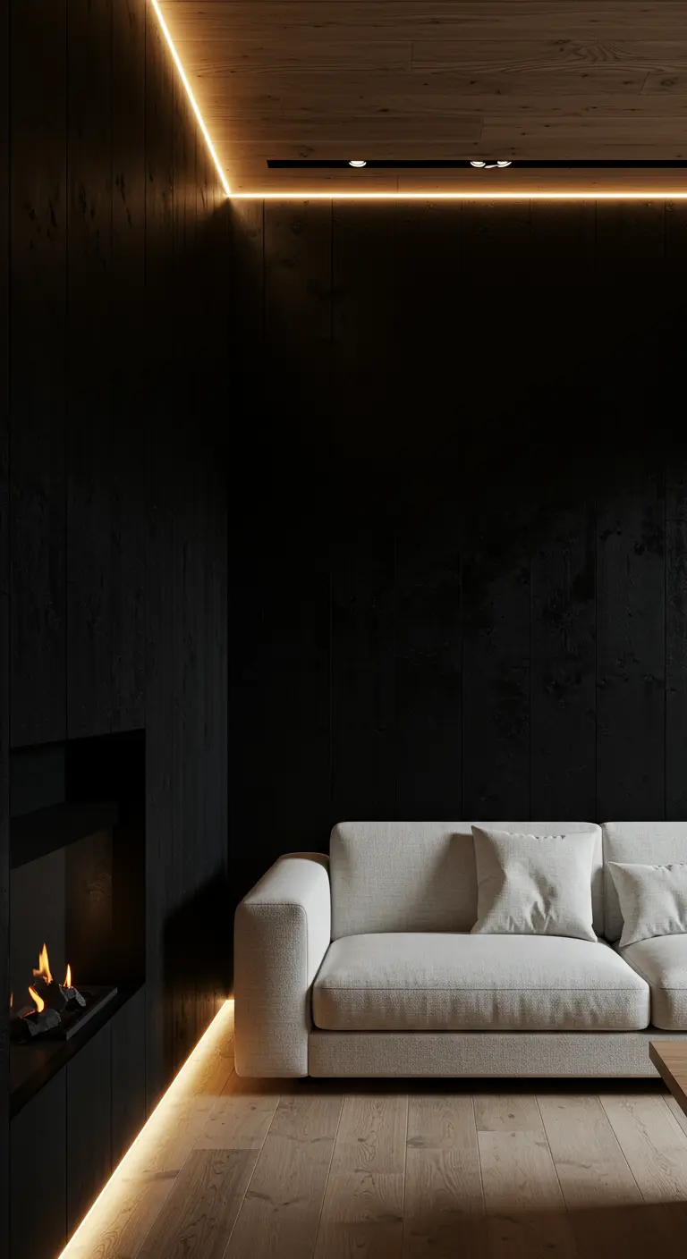 Sala oscura con paredes de madera negra, sofá blanco e iluminación LED indirecta y cálida.