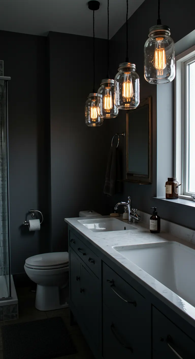 Lámparas colgantes hechas con frascos de vidrio en un baño oscuro y moderno.