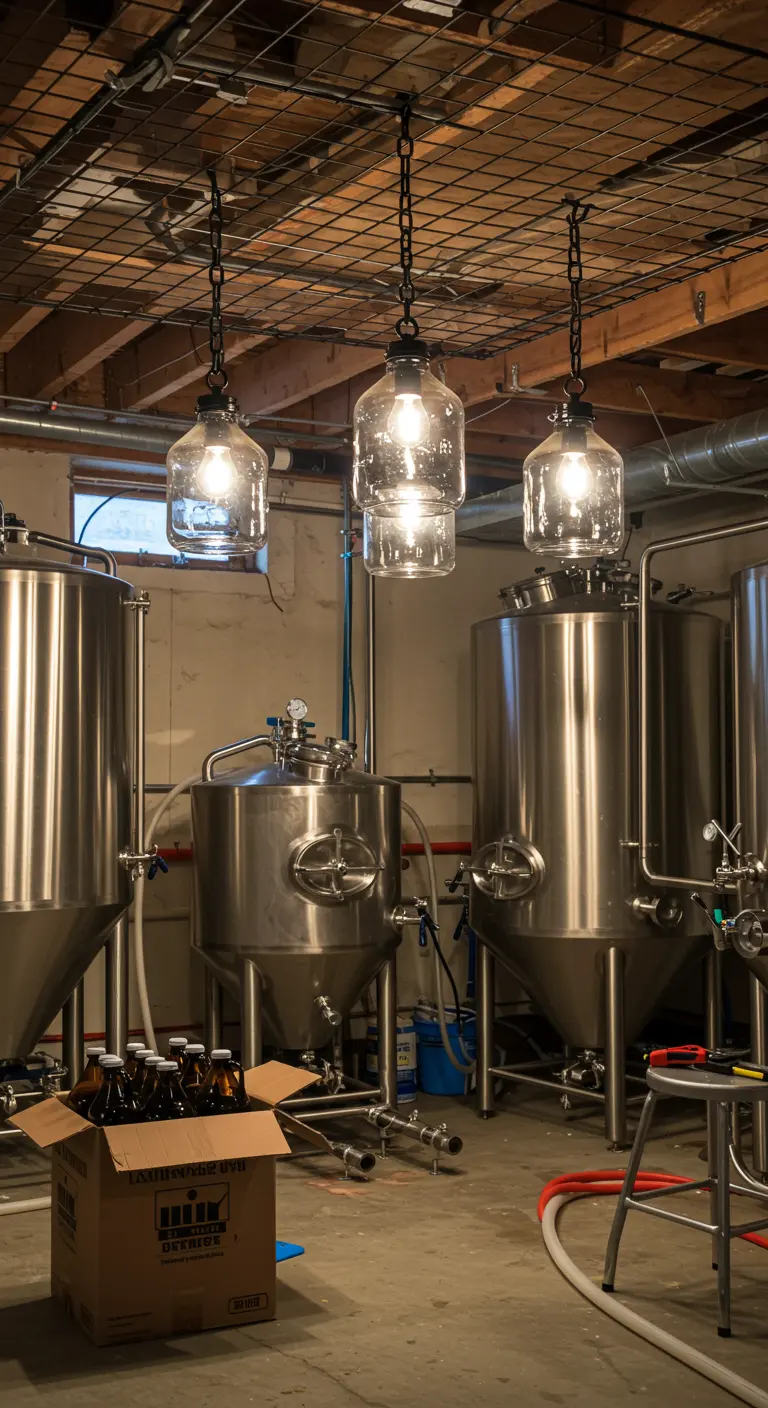 Lámparas industriales hechas con garrafas de vidrio colgando en una cervecería casera.