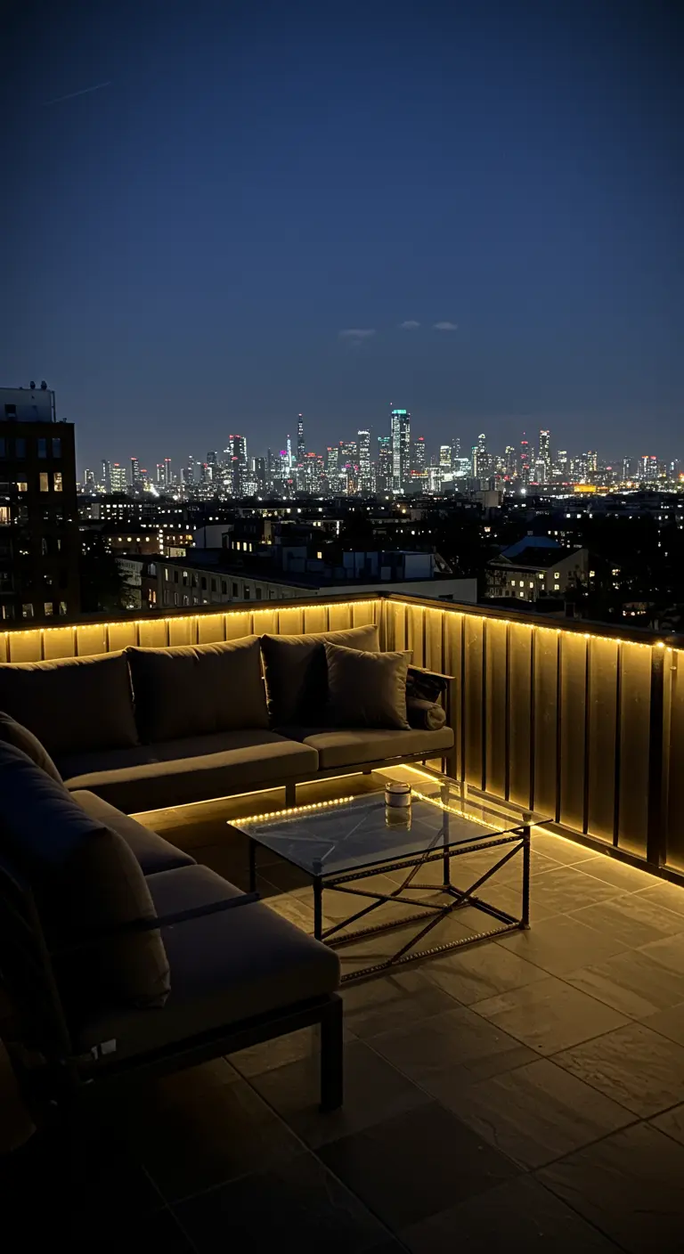 Terraza de lujo con vistas a la ciudad, sofá modular y luces LED cálidas bajo la barandilla.