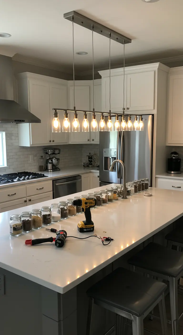 Lámpara colgante lineal con múltiples frascos de vidrio sobre una isla de cocina blanca y moderna.