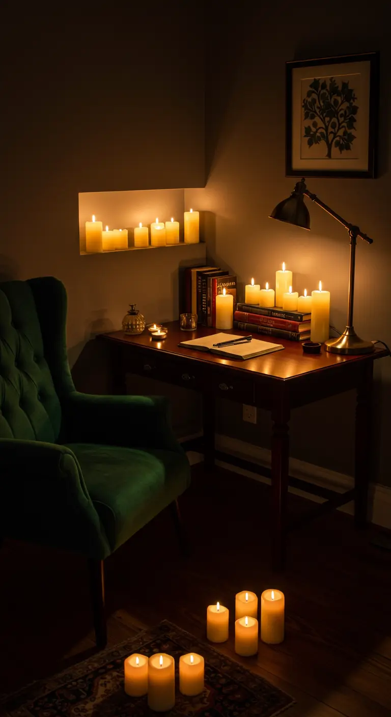 Escritorio de madera oscura iluminado por la luz de numerosas velas y una lámpara de lectura de latón.