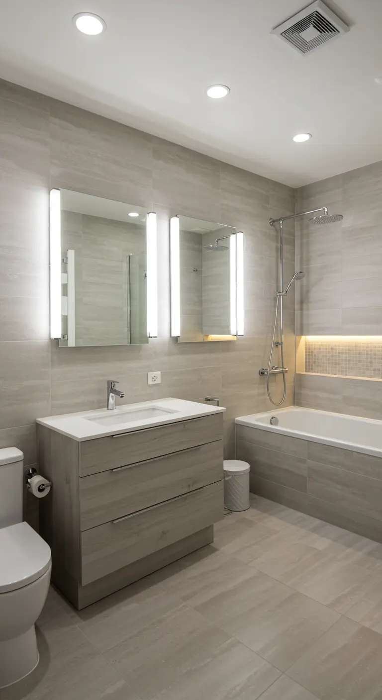 Baño moderno con múltiples fuentes de luz: focos, apliques y tiras LED