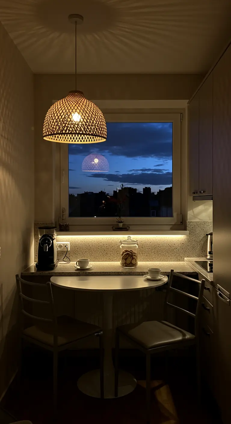 Rincón de comedor íntimo con una lámpara colgante de mimbre que ilumina una mesa pequeña.