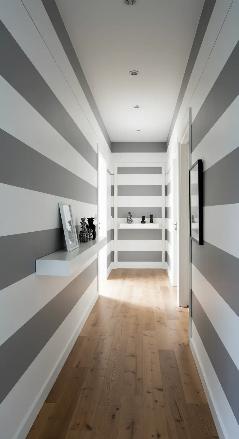 Pasillo estrecho pintado con rayas horizontales anchas en gris y blanco para crear una ilusión óptica.