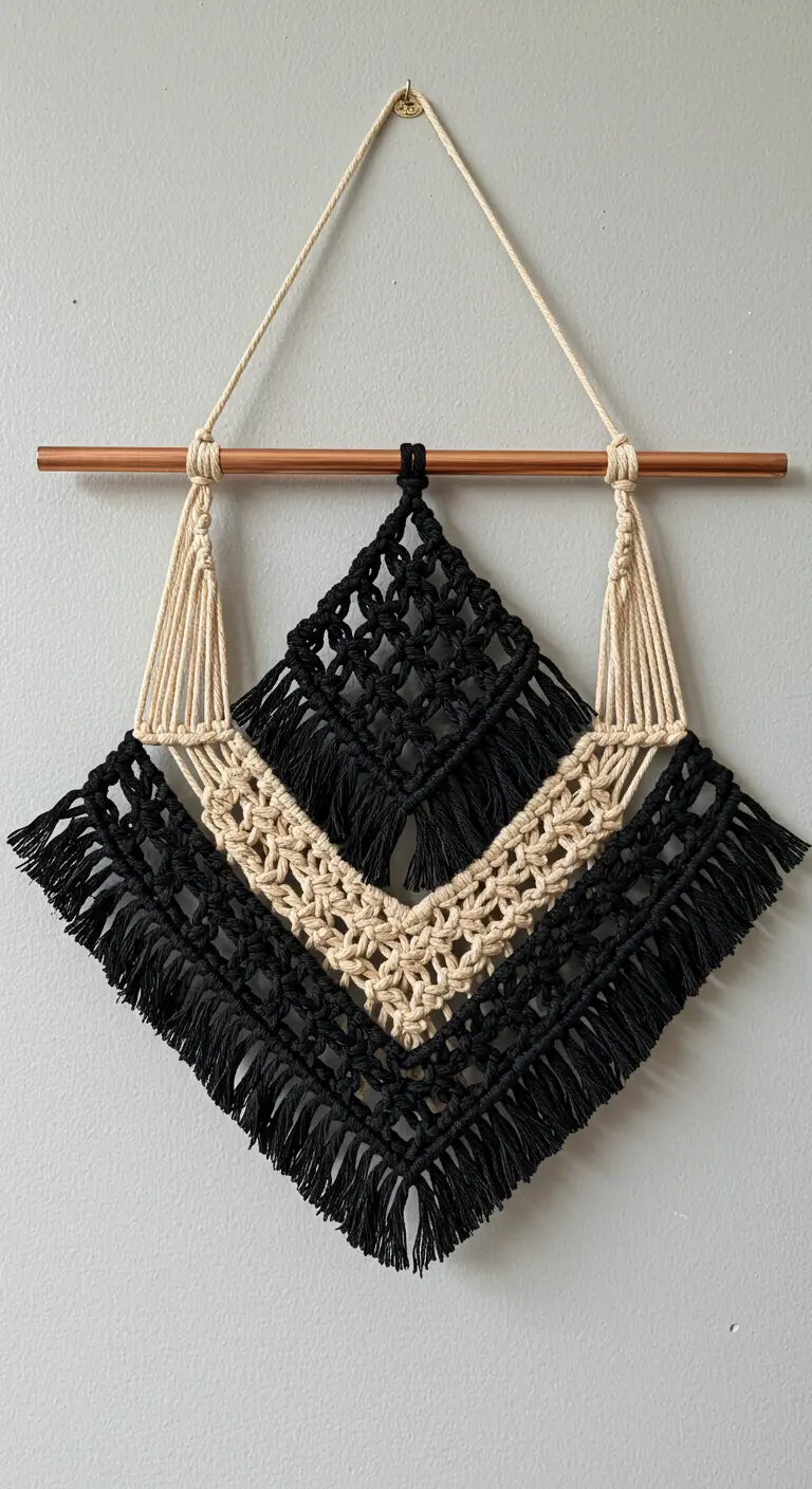 Tapiz de macramé en forma de diamante, combinando negro y crudo para crear un efecto de capas.