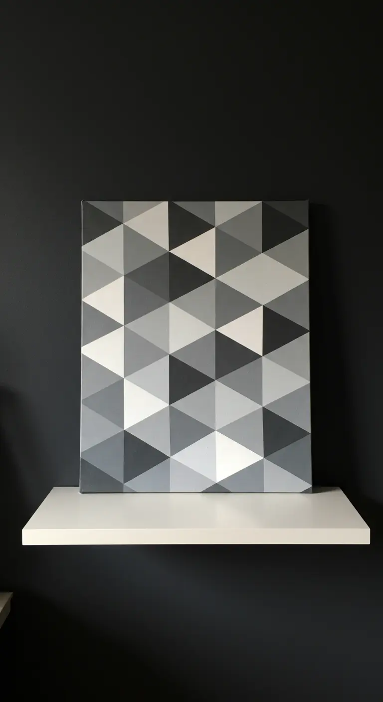 Cuadro con un patrón hipnótico de triángulos en escala de grises que crean un efecto tridimensional.