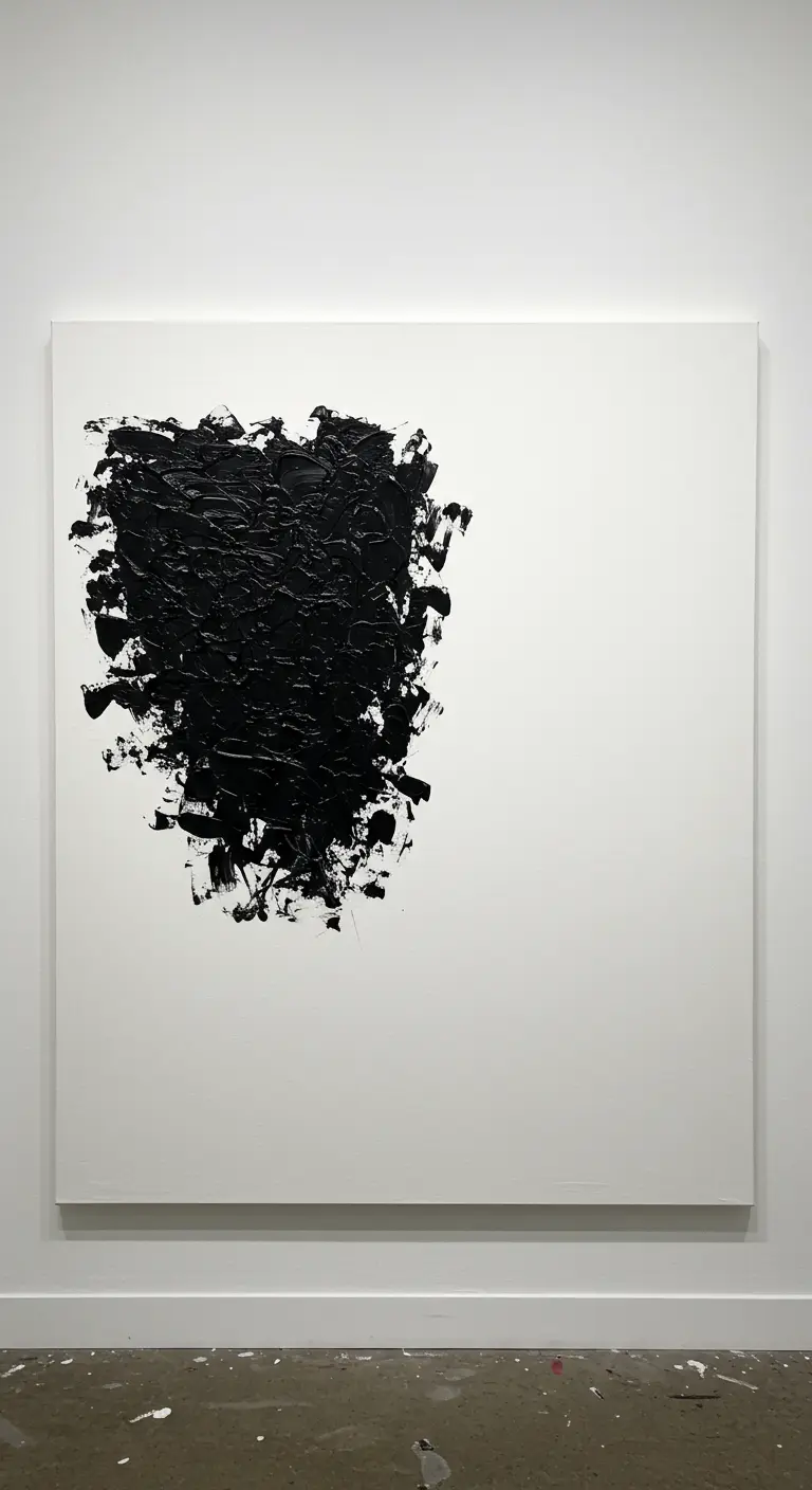 Gran lienzo blanco con una mancha abstracta de textura negra.