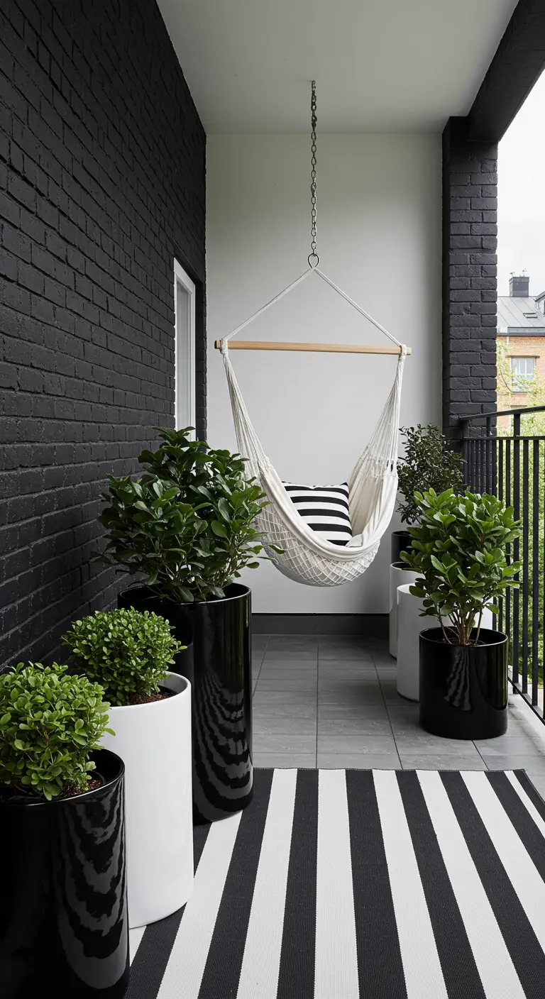 Balcón en blanco y negro con pared de ladrillo pintada, alfombra de rayas y silla colgante blanca
