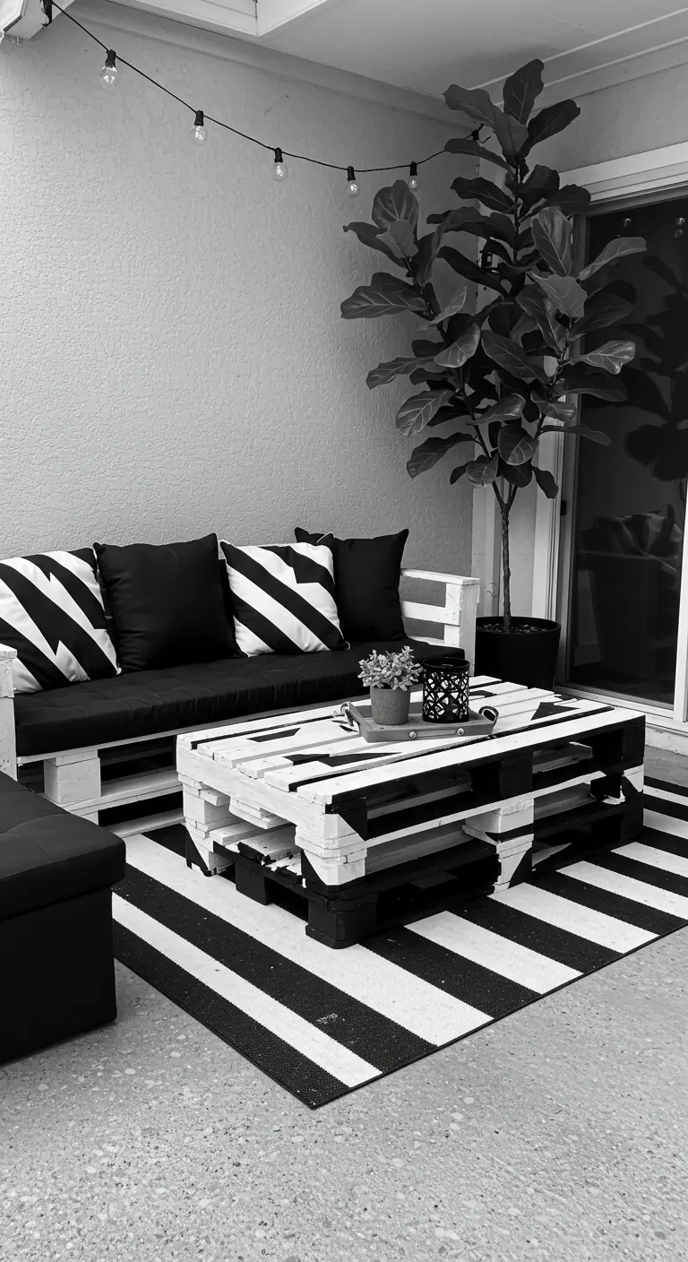 Patio moderno en blanco y negro con sofá de palets, cojines y alfombra a rayas.