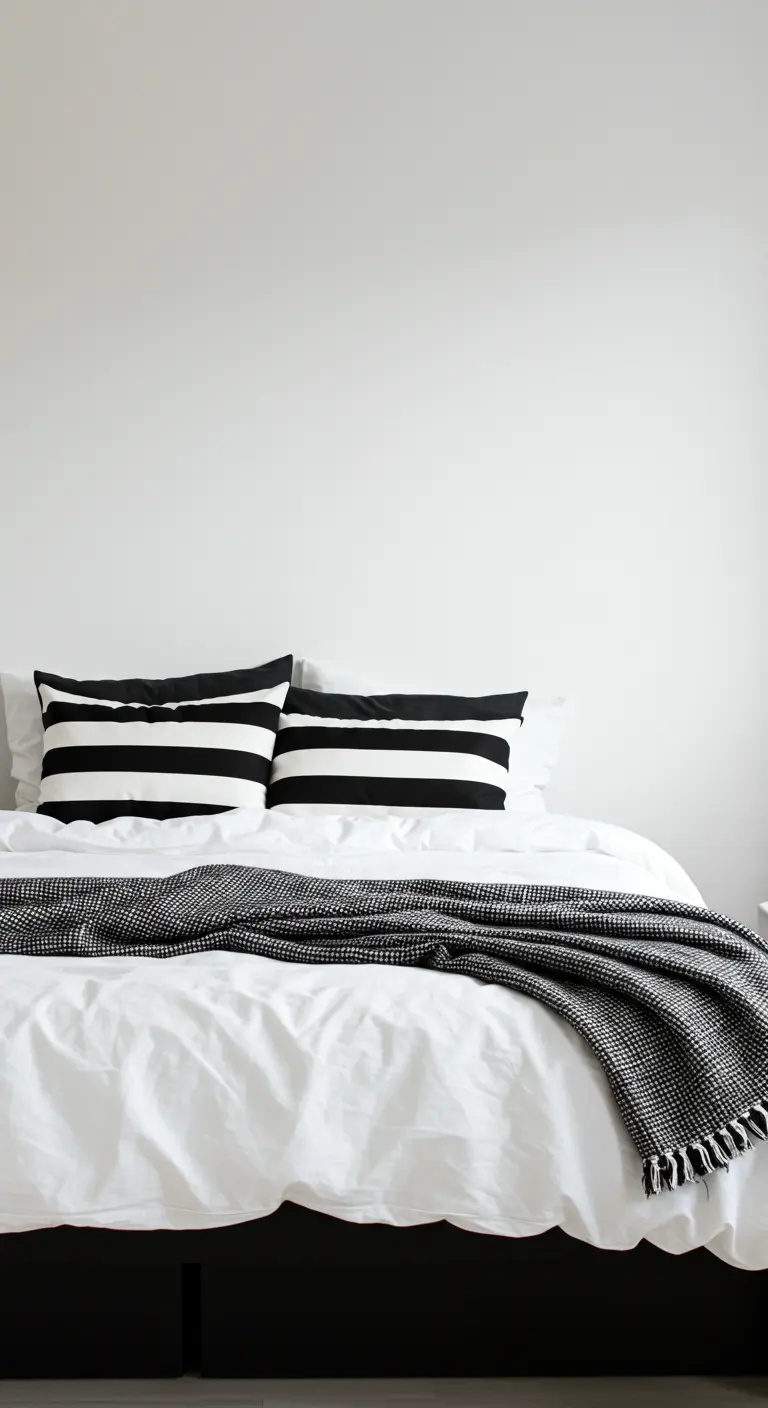 Cama minimalista con sábanas blancas, cojines de rayas blancas y negras, y manta a juego.