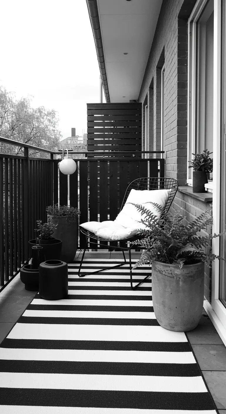 Balcón en blanco y negro con alfombra de rayas, silla de alambre y plantas en macetas de terracota.