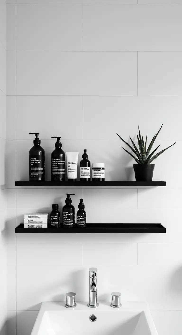 Estanterías metálicas negras muy finas sobre una pared de azulejos blancos.