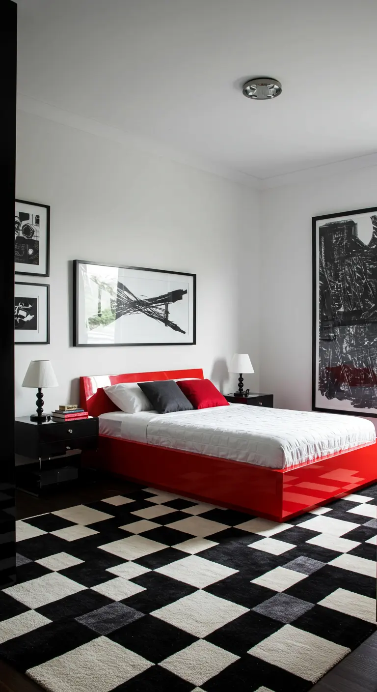 Dormitorio de los 80 con suelo a cuadros, cama roja lacada y arte en blanco y negro.