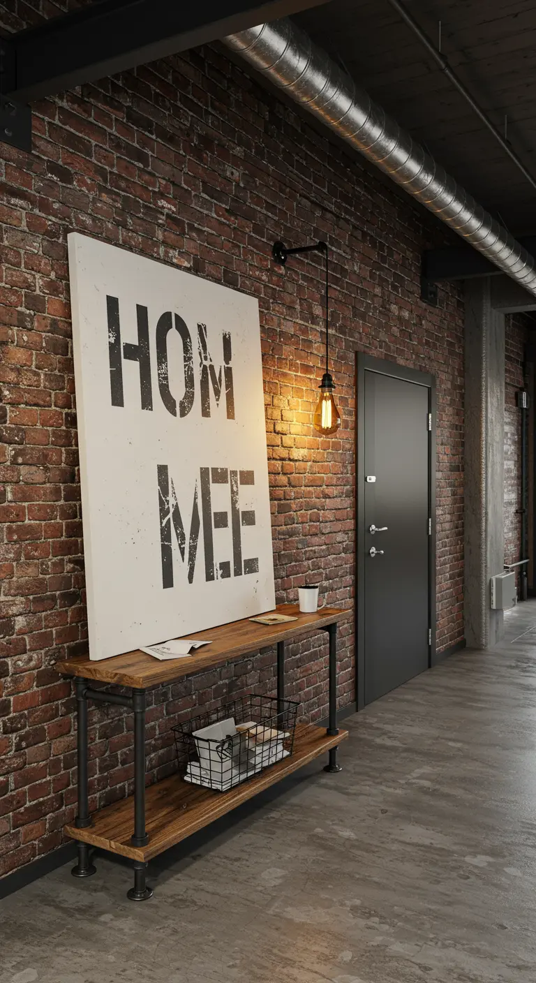 Entrada de estilo industrial con un gran lienzo con la palabra 'HOME' apoyado en una consola.