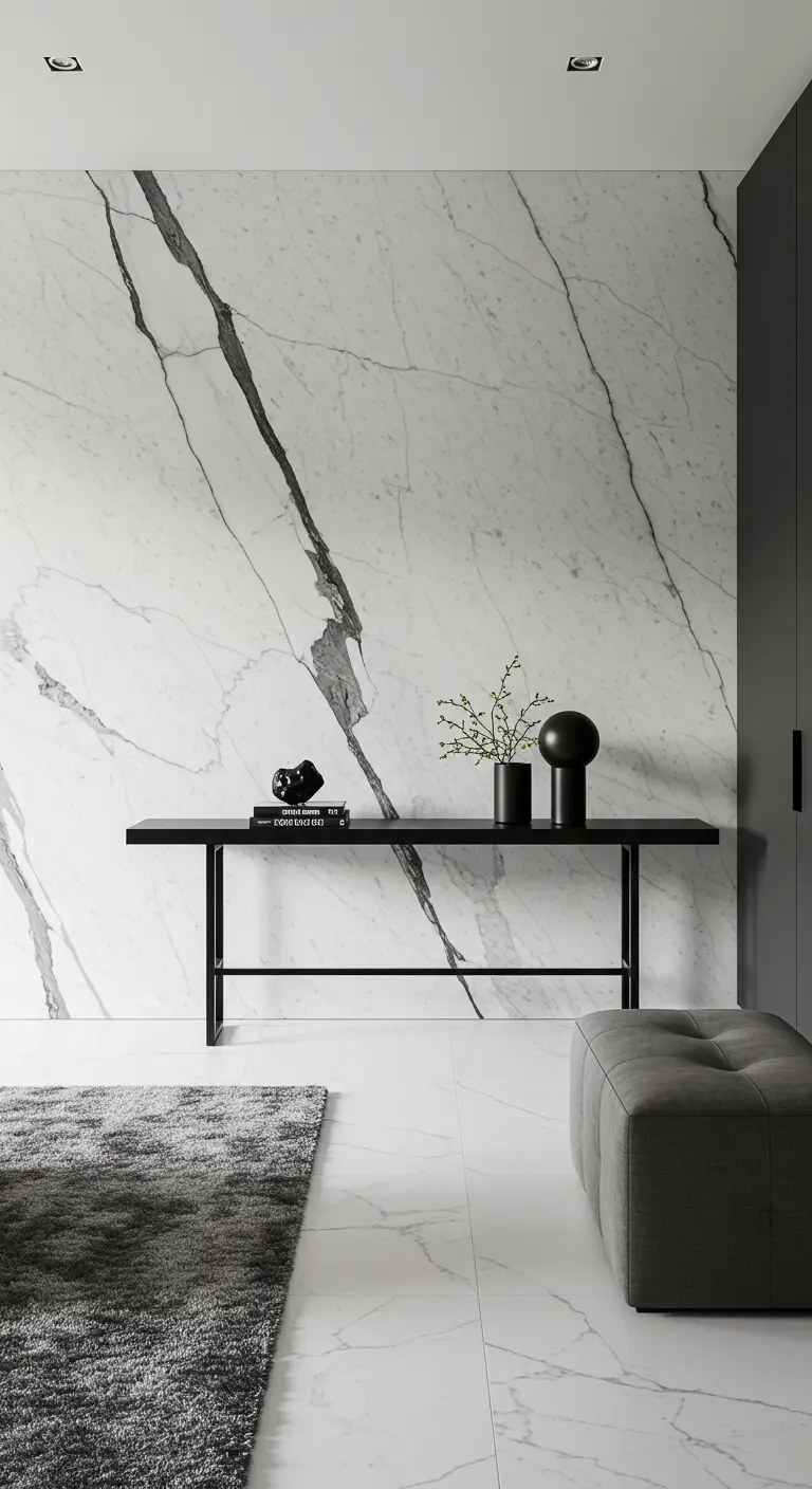 Recibidor con una imponente pared de mármol blanco con vetas negras y una consola minimalista.