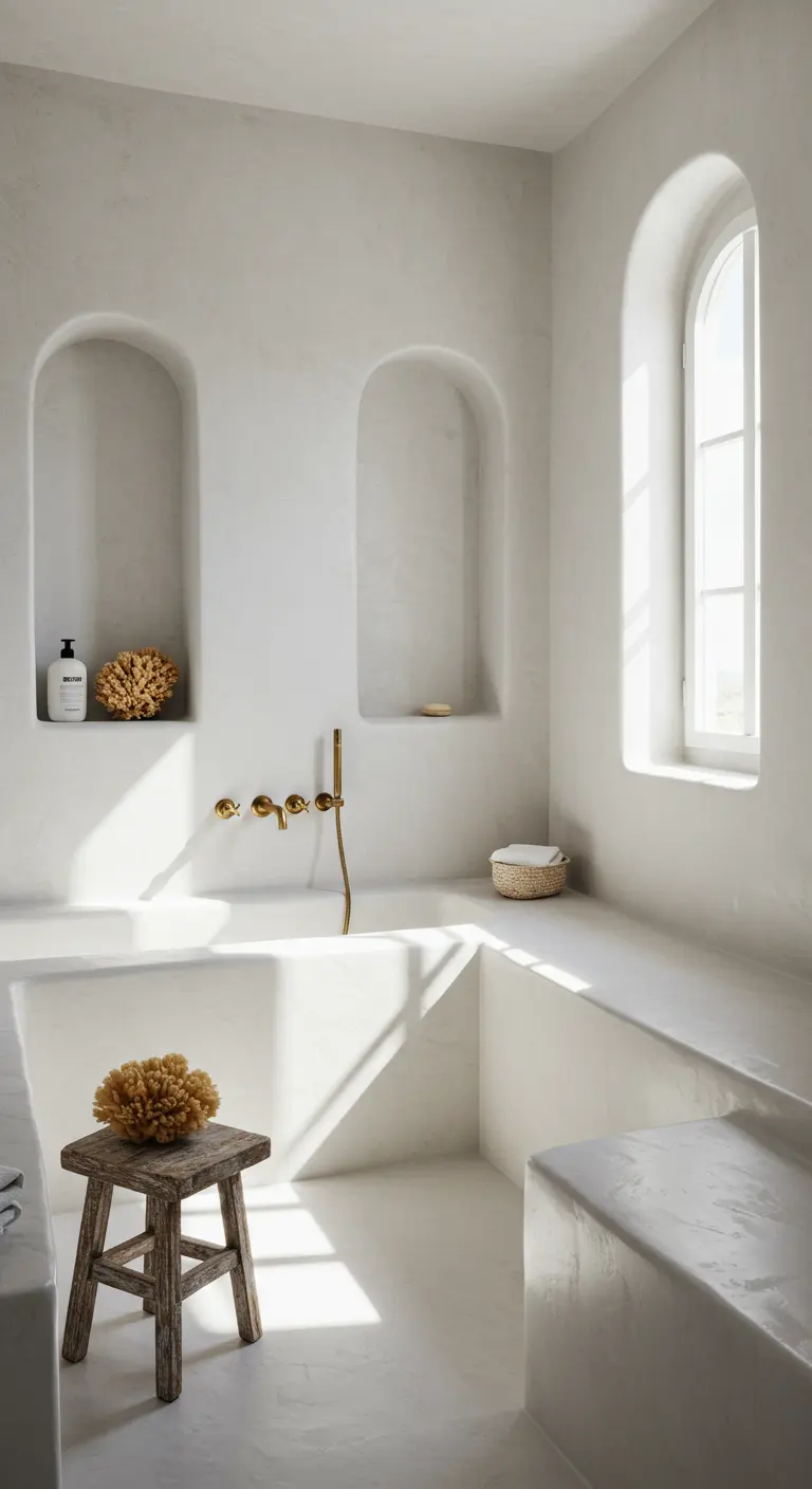Baño de estilo wabi-sabi con paredes de tadelakt blanco y nichos curvos.