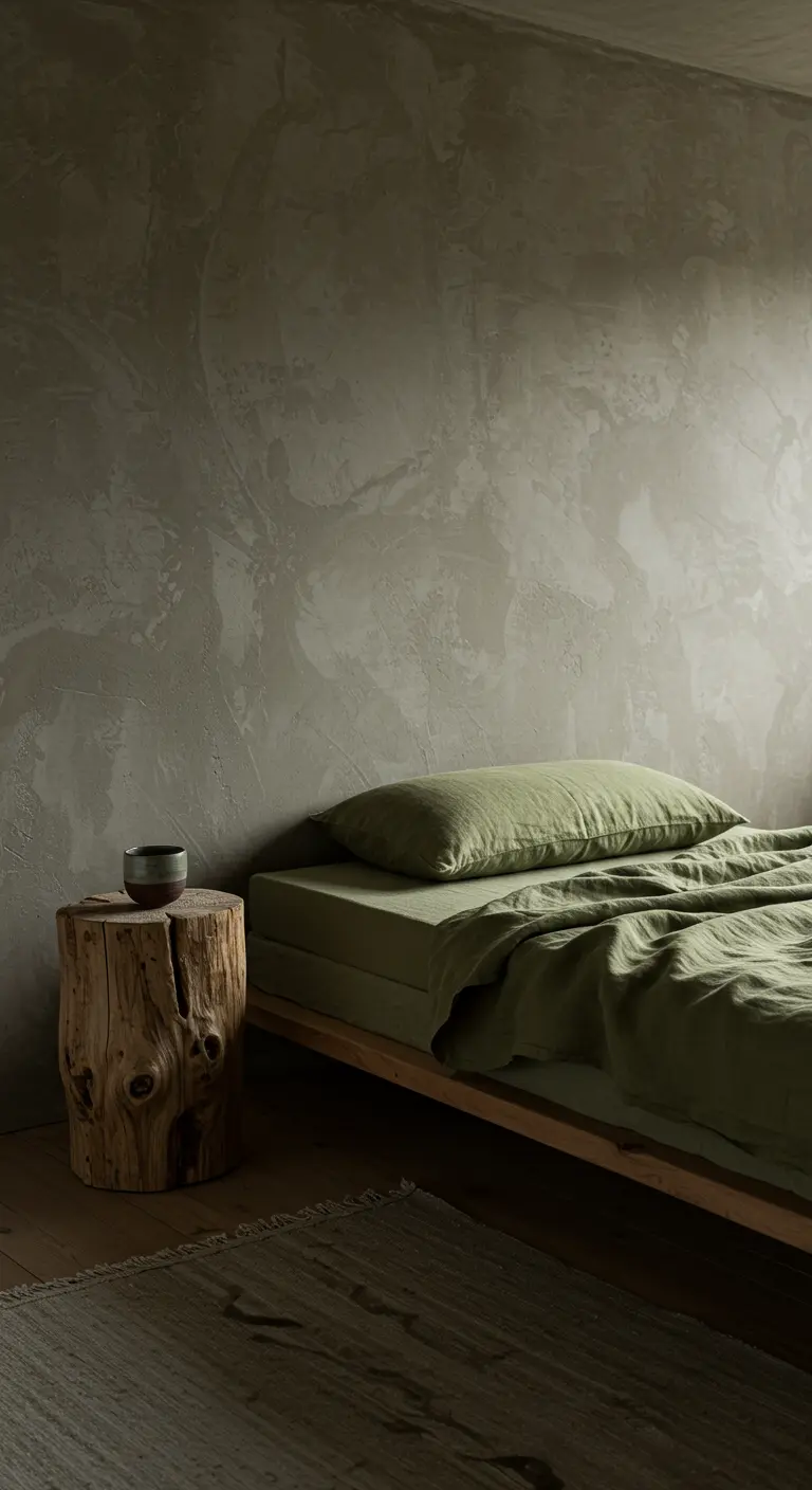 Dormitorio wabi-sabi con pared de efecto hormigón y mesita de noche de tronco.
