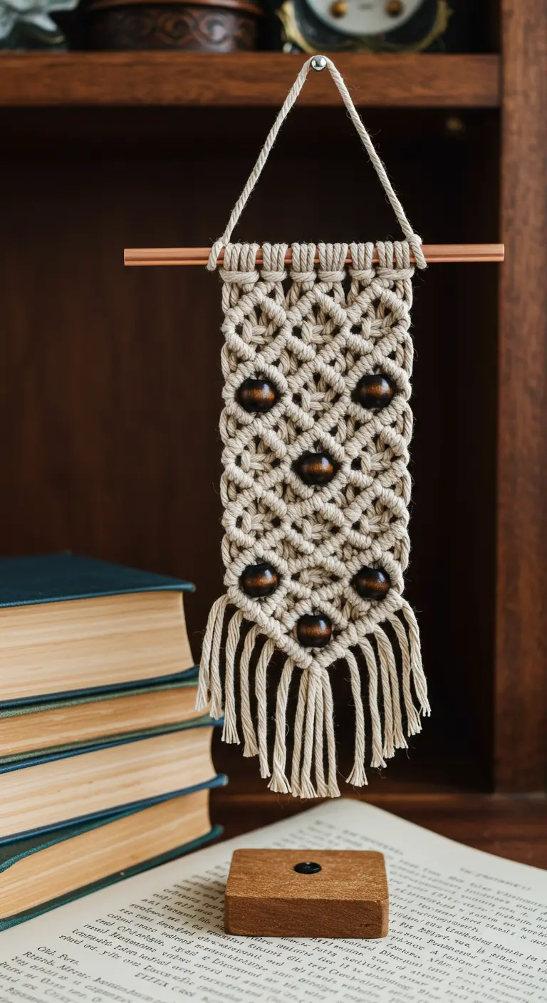 Tapiz de macramé color crudo con cuentas de madera oscura, colgado junto a una pila de libros.